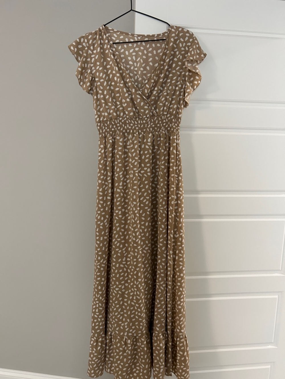 Taupe and White Printed Maxi Dress with Smocked Waist